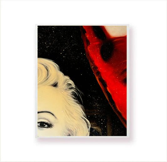 Close up of the digital painting of Marilyn Monroe holding a stereo and red heart-shaped balloon.