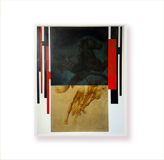 Painting of a man riding a horse while the horse is galloping.