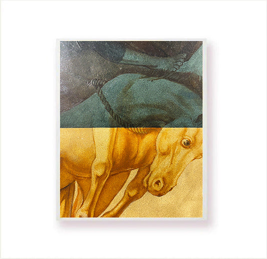 Close up of the painting of a man riding a horse.