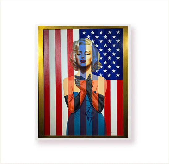 Picture of a painting of Marilyn Monroe and the American flag.