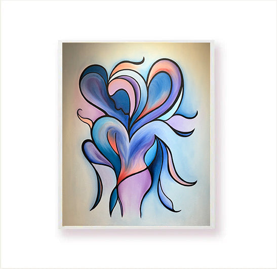 Abstract painting of multiple hearts that merge to form an image of a Motherly figure.
