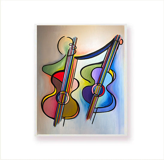 Image of a painting of a man playing two instruments, simultaneously.