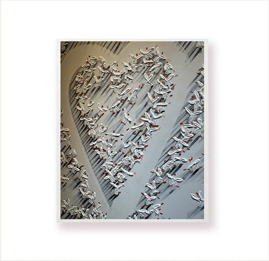 Close up of the black and white painting.